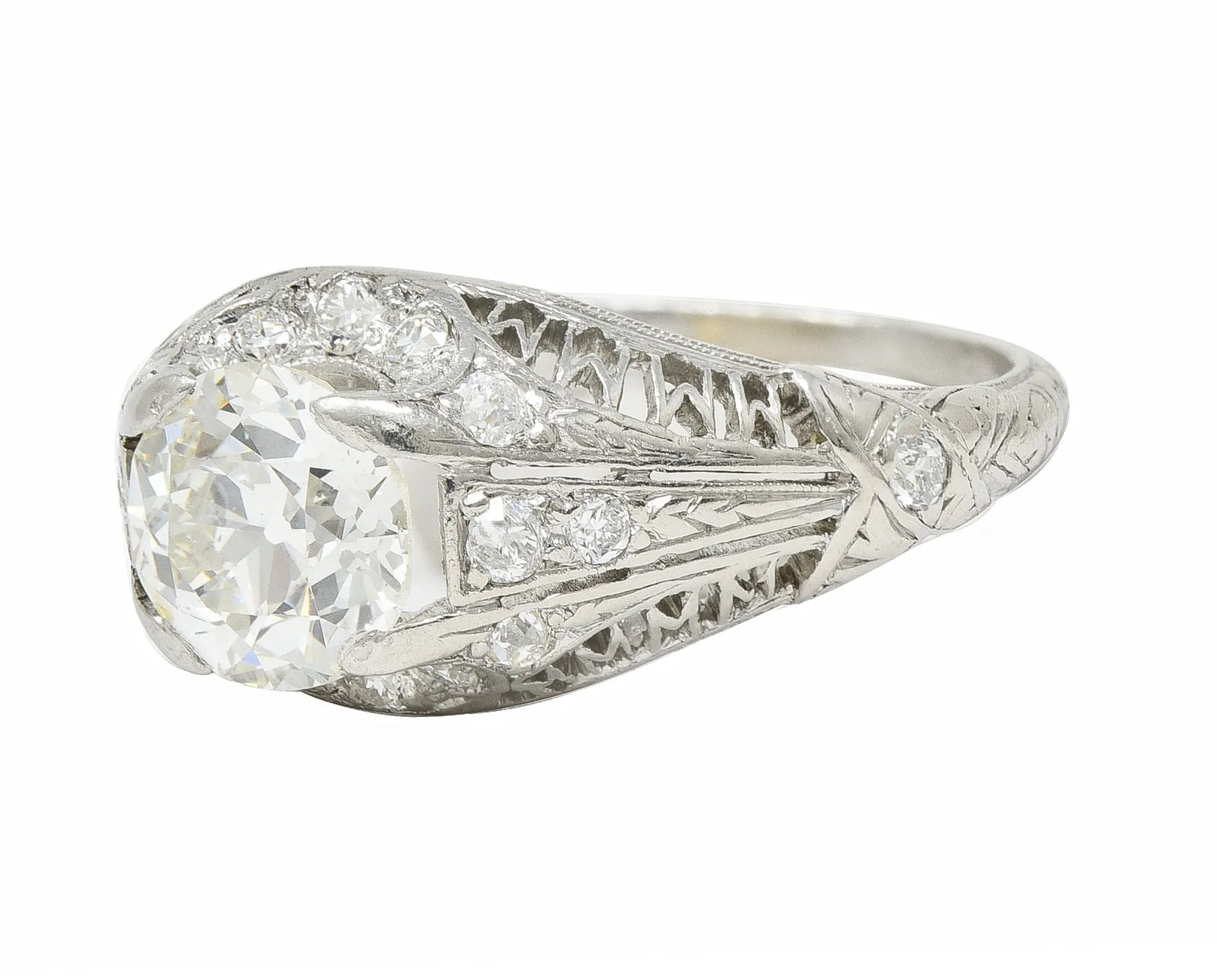 Art Deco 1.38 CTW Old European Diamond Platinum Crescent Cluster Vintage Engagement Ring
