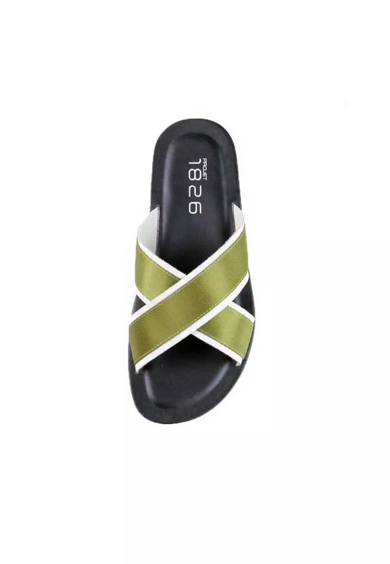 BEVIS CROSS STRAP LEATHER SLIPPER GREEN