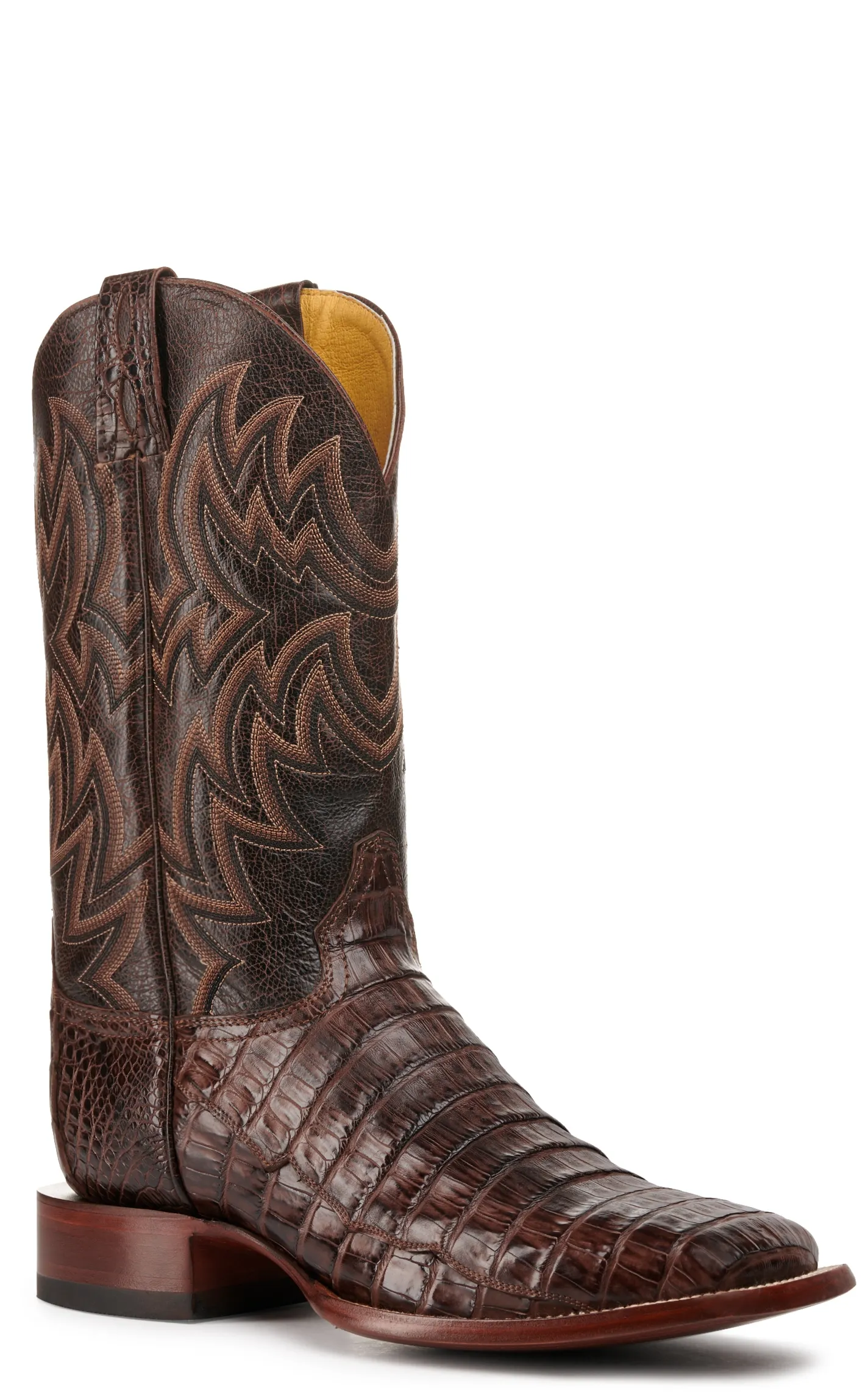 Cavender's Men's Chocolate and Cigar Caiman Tail Wide Square Toe Exotic Cowboy Boot