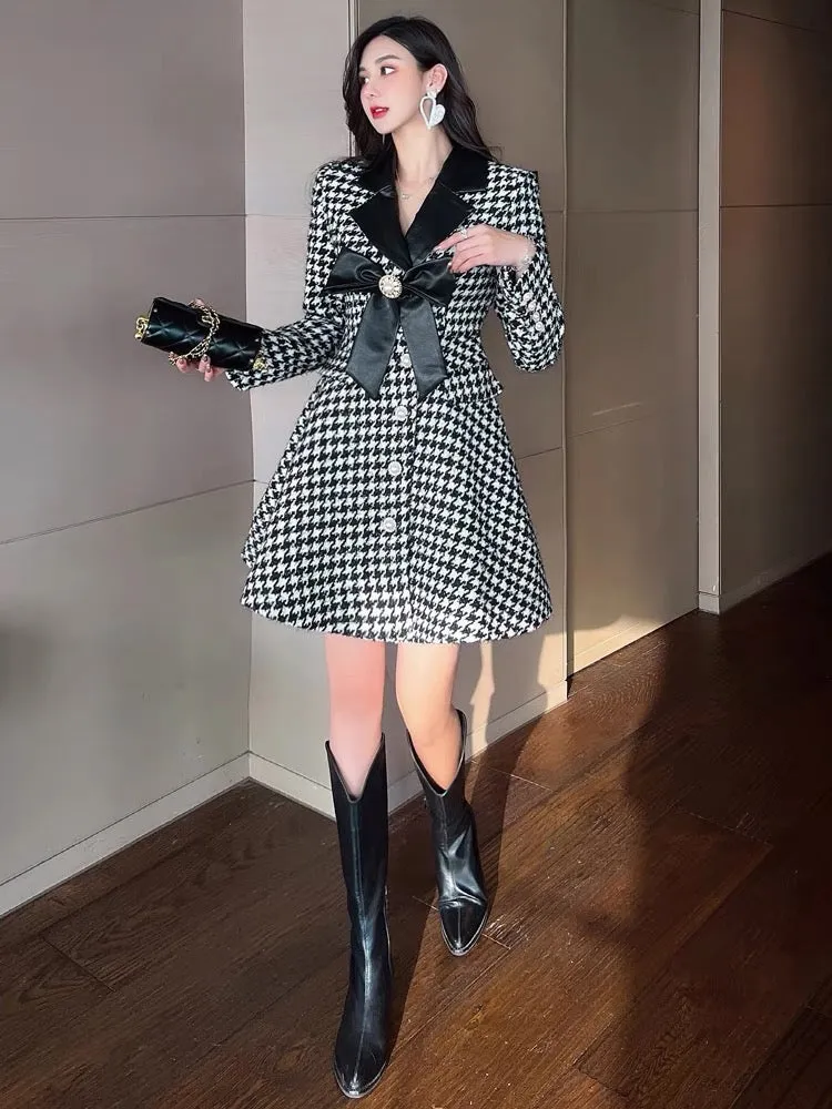 Celebrity Xiaoxiang style tweed bow dress women's winter new style waist-cinching cotton houndstooth suit skirt trendy