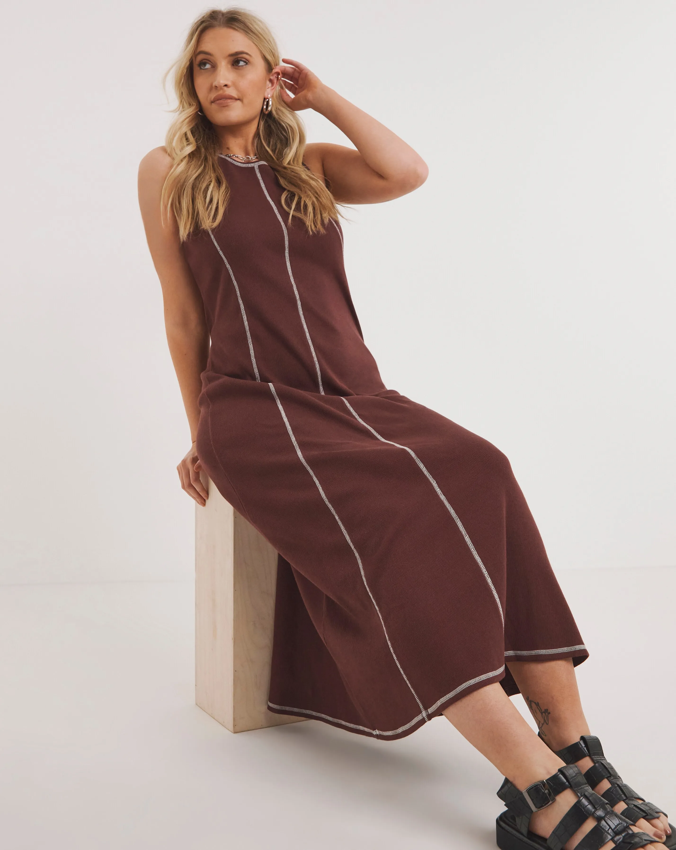 Chocolate Contrast Stitch Midaxi Column Dress | Simply Be