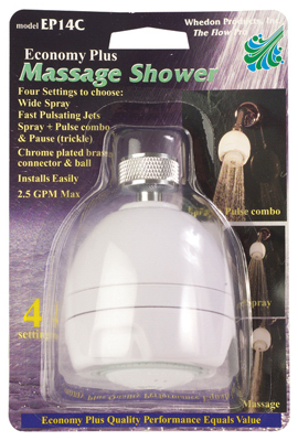 Economy Massage Showerhead, Fixed Mount, 2 Gpm, White With Chrome Connector