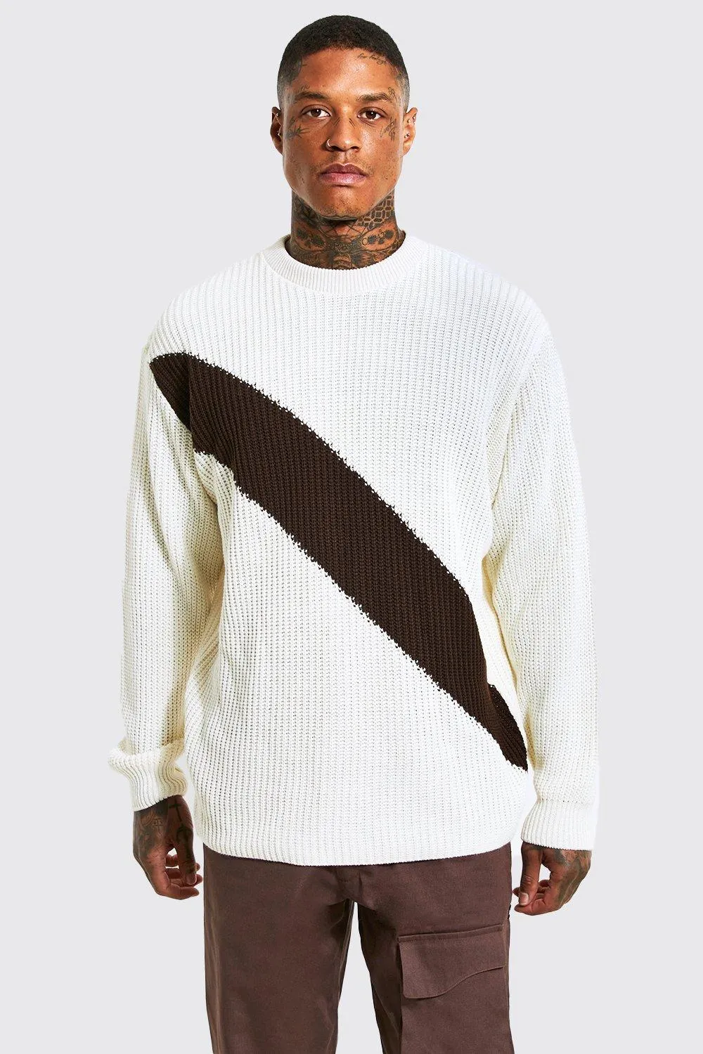 Oversized Stripe Fisherman Rib Jumper | boohooMAN UK