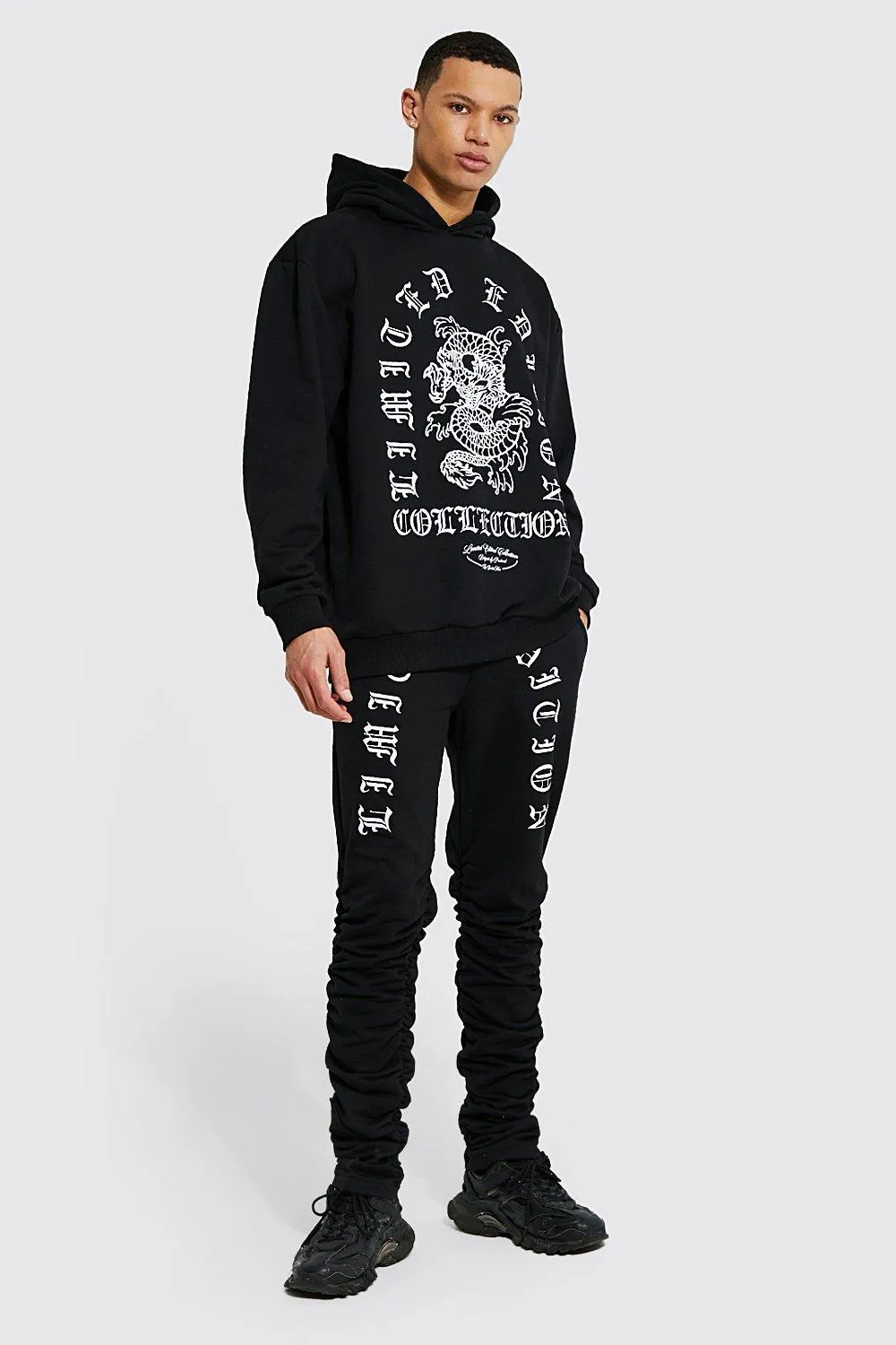 Tall Dragon Print Ruched Hooded Tracksuit | boohooMAN UK