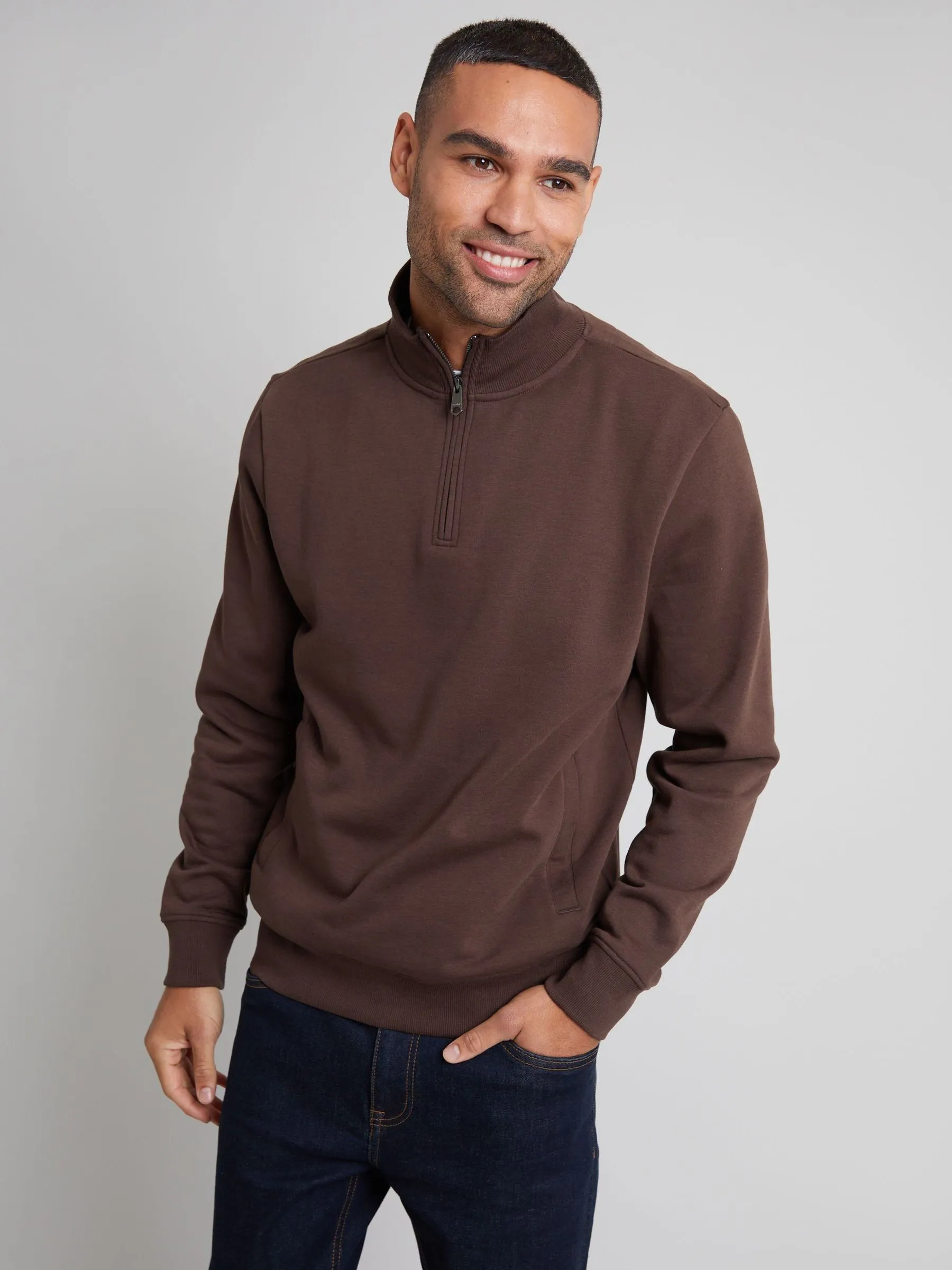 Threadbare Chocolate Brown Quarter Zip Neck Sweatshirt