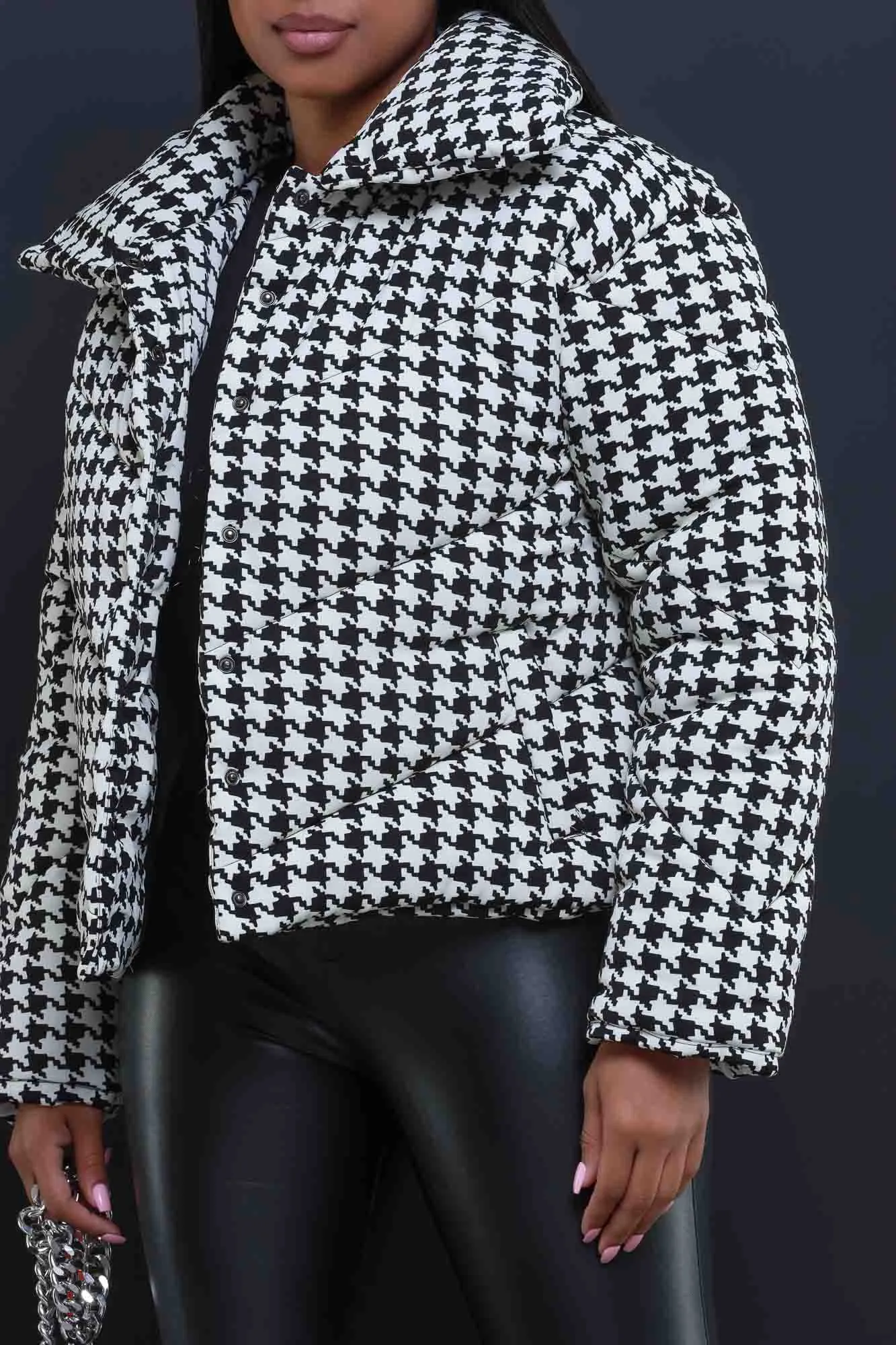 What Happened Houndstooth Puffer Coat - Black/White