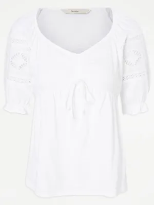 White Embroidered Ruched Sleeve Top | Women | George at ASDA