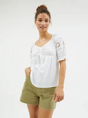 White Embroidered Ruched Sleeve Top | Women | George at ASDA