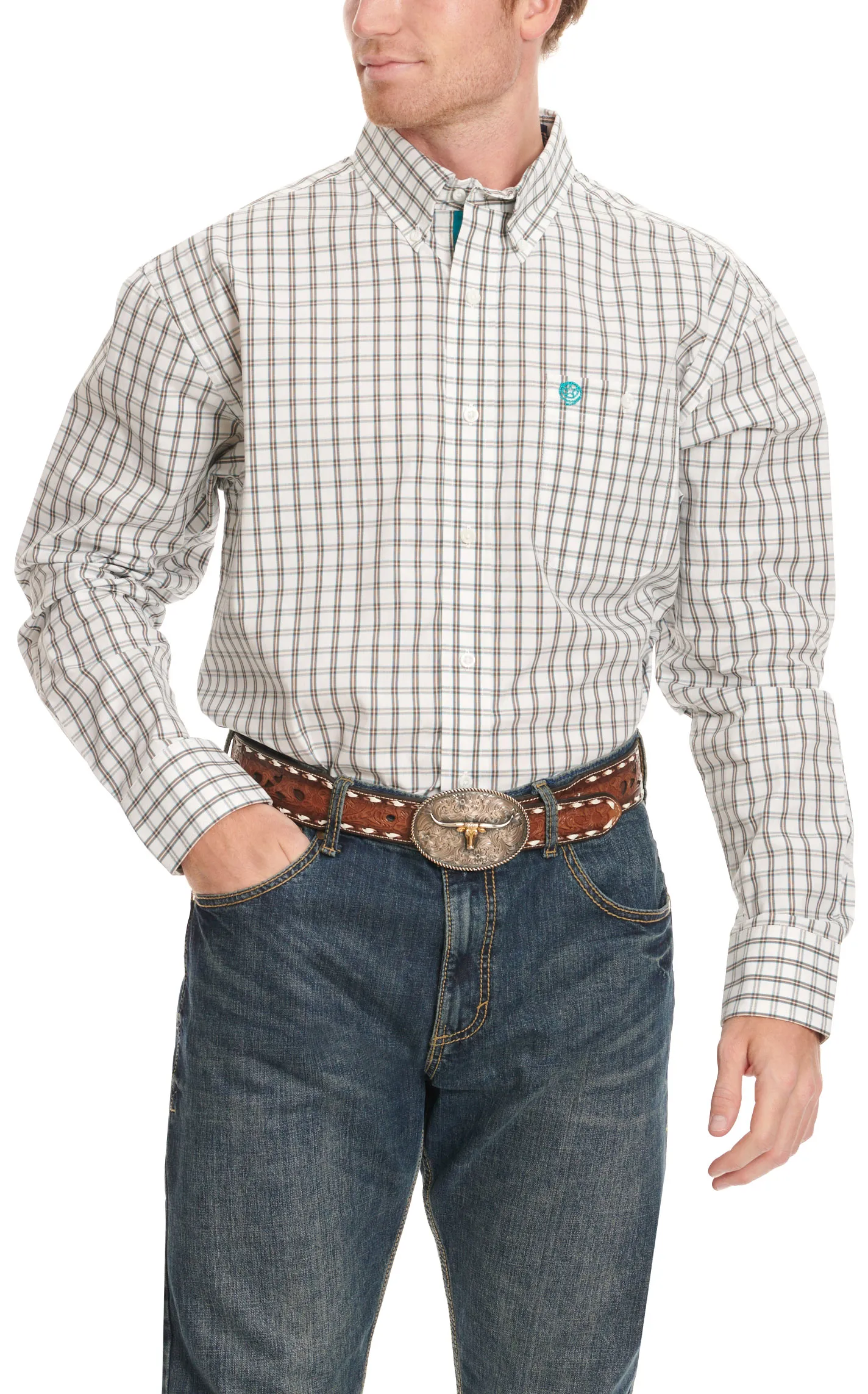 Wrangler Men's George Strait Collection Chocolate & Turquoise Plaid Western Shirt